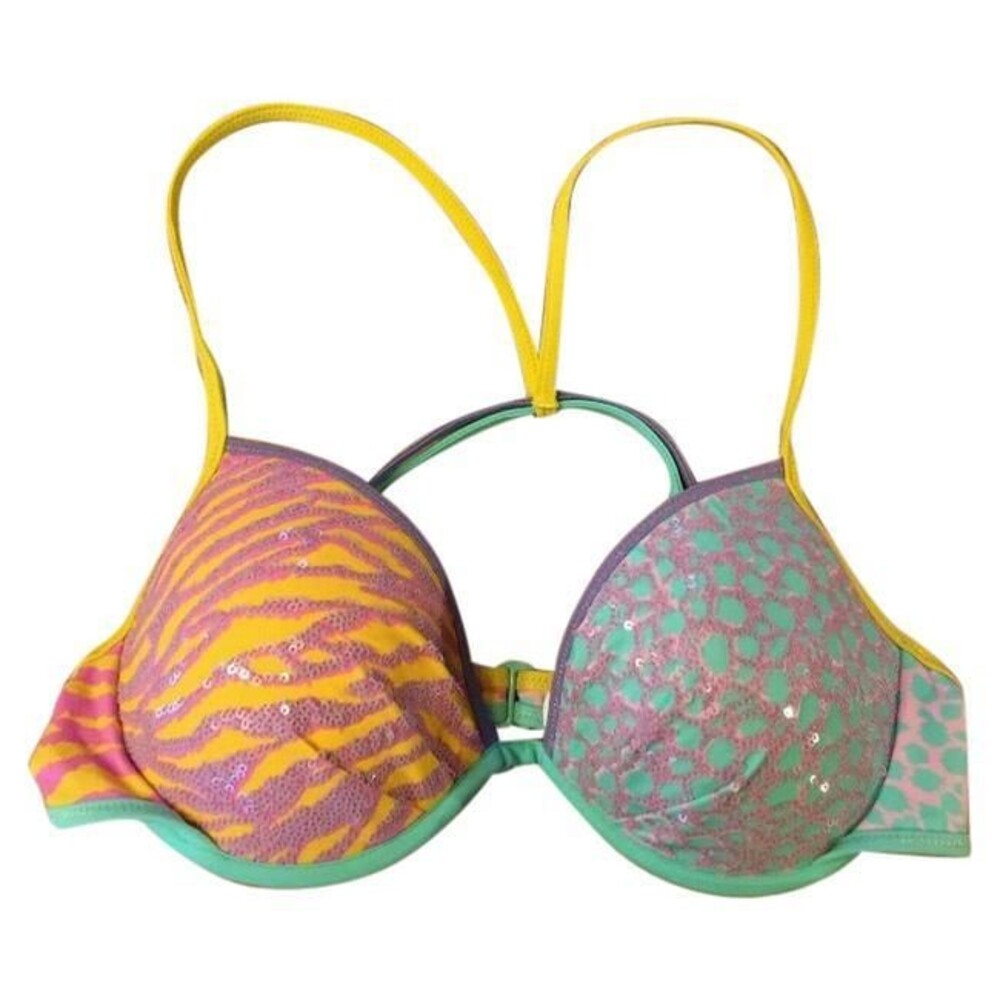 Victoria's Secret Swim Top 32A Push up Bra NEW bling sequin multicolor animal